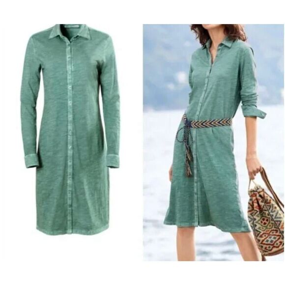 Peruvian Connection Dress small Green Lagos Button Front Long Sleeve Shirtdress - Picture 7 of 8